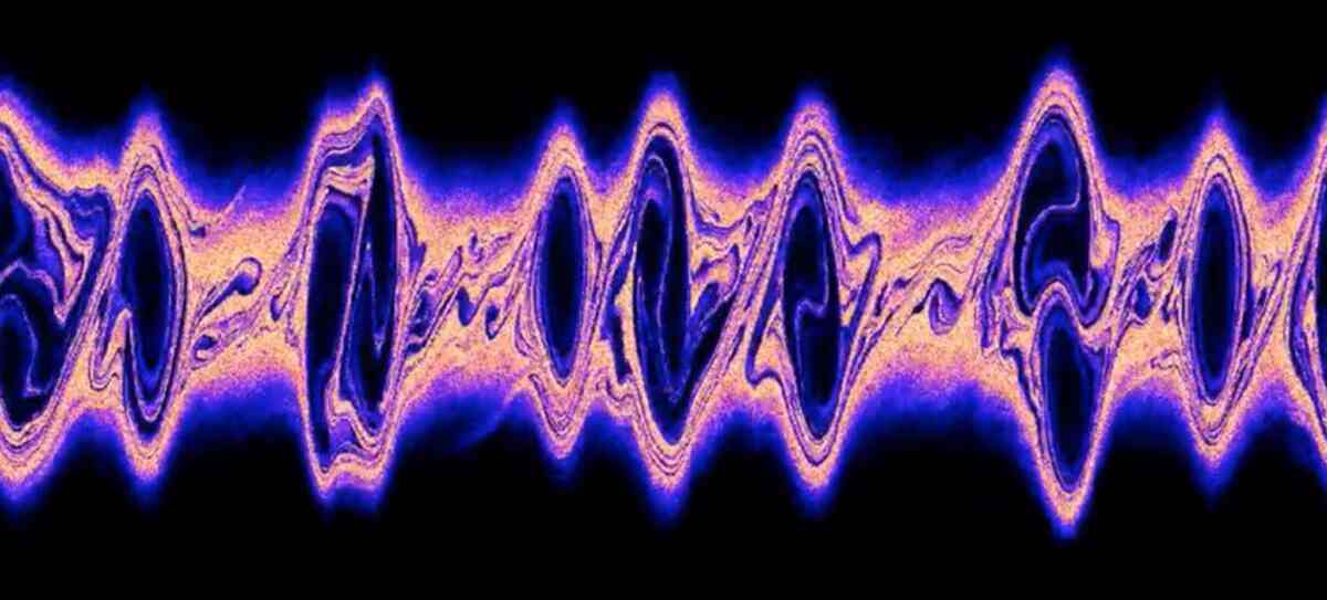 This image depicts the simulation of cosmic rays counter-streaming against a background plasma and causing plasma instability. The distribution of background particles responding to the streaming cosmic rays in phase space is shown, where particle position is represented by the horizontal axis and velocity by the vertical axis. The colors reveal the number density, and the phase space holes are manifestations of the highly dynamic nature of the instability, which transforms ordered motions into random motions. The credit for this image goes to Shalaby/AIP.